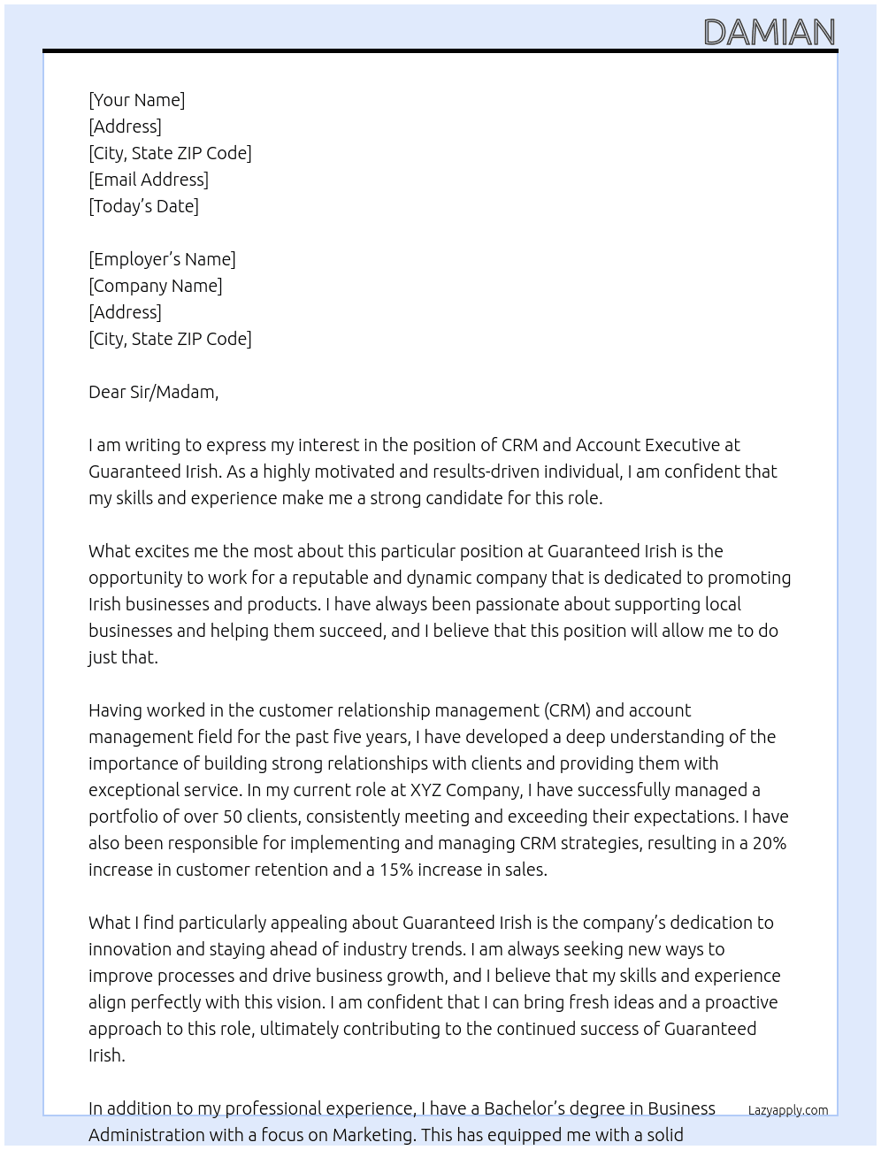 CRM and Account Executive At Guaranteed Irish Cover Letter