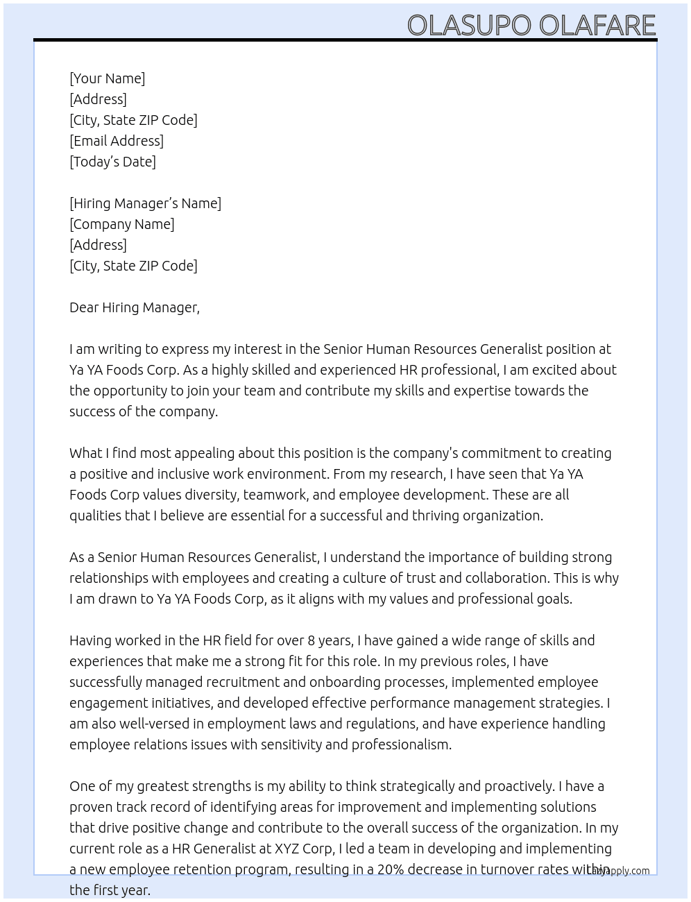 Senior Human Resources Generalist At Ya YA Foods Corp  Cover Letter