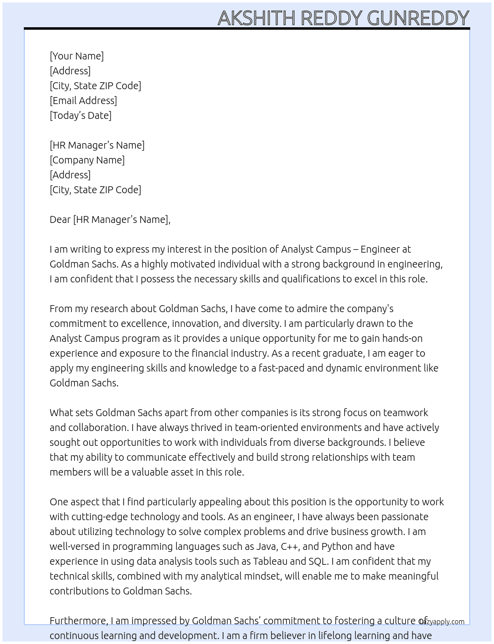 Cover letter for analyst campus - engineer - LazyApply