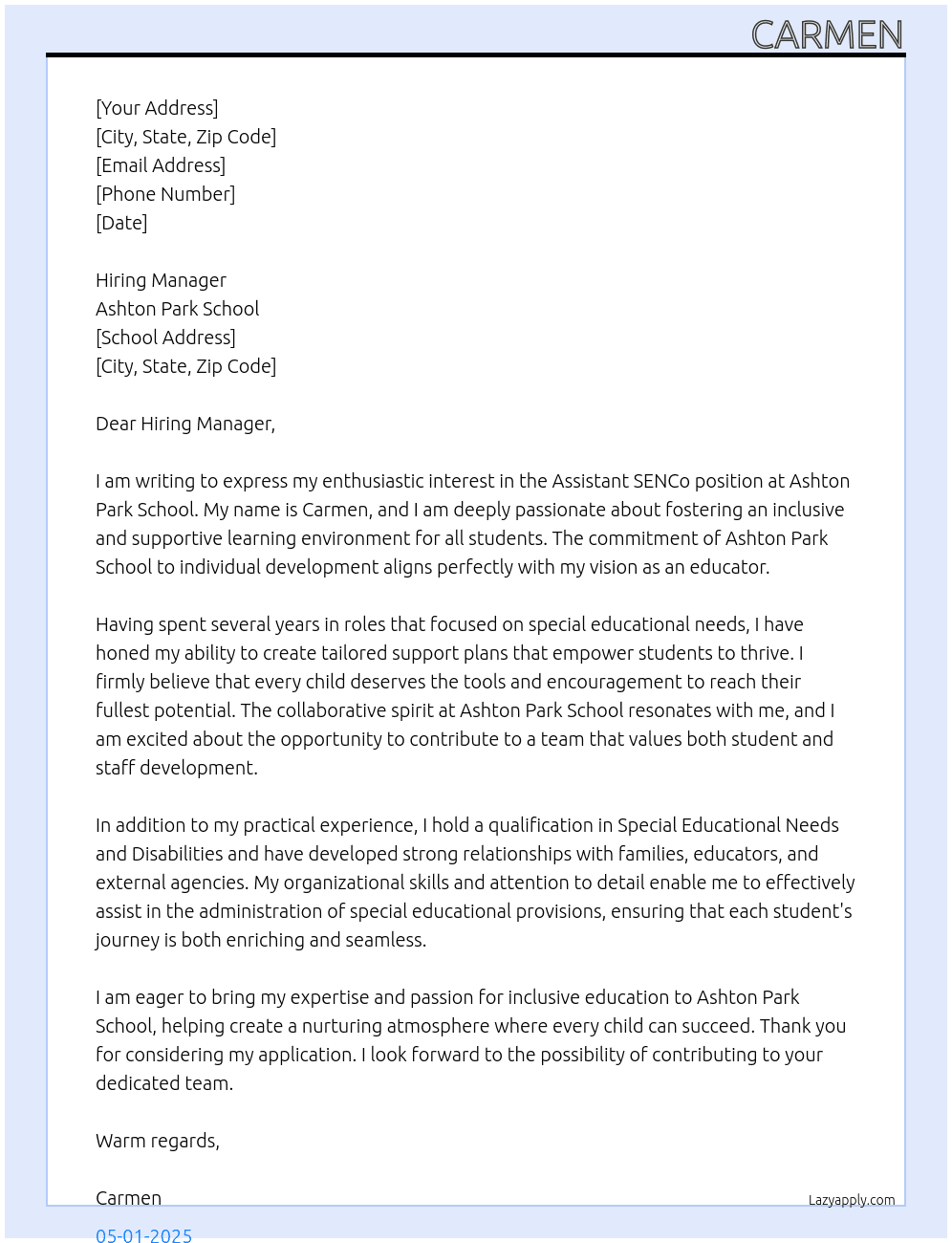 Cover letter for assistant senco - LazyApply