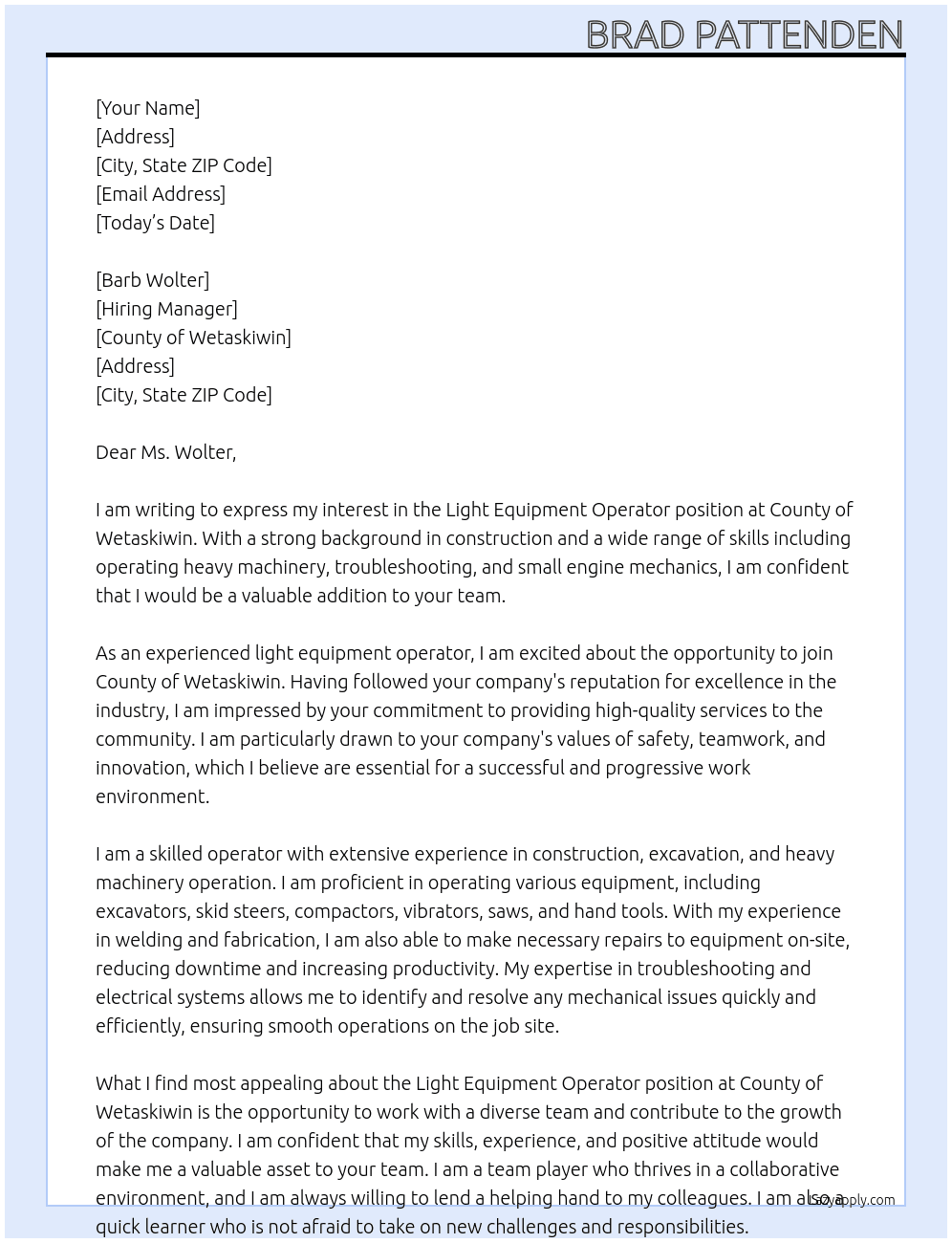 Light equipment operator  At County of Wetaskiwin  Cover Letter