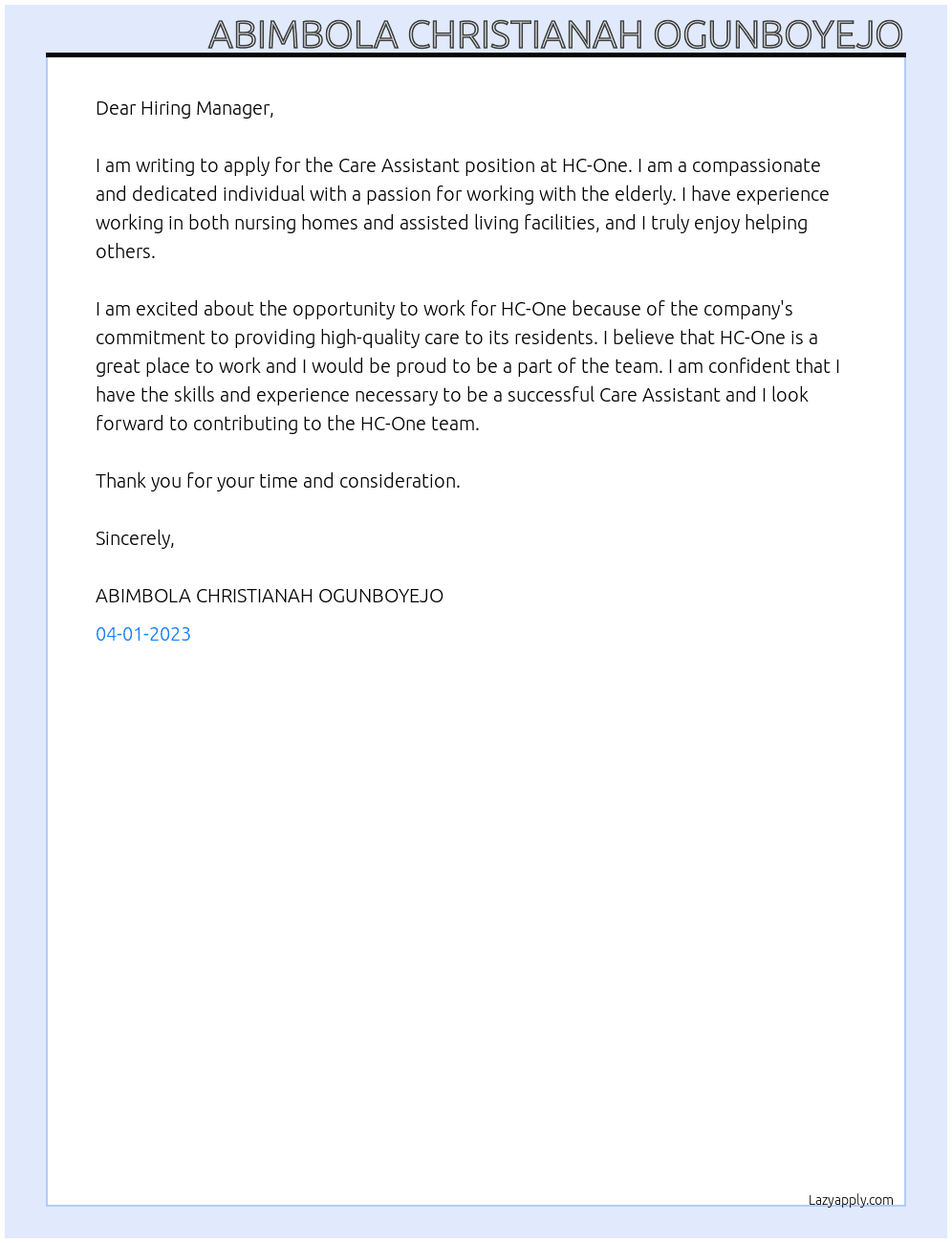 Care Assistant At HC-One Cover Letter