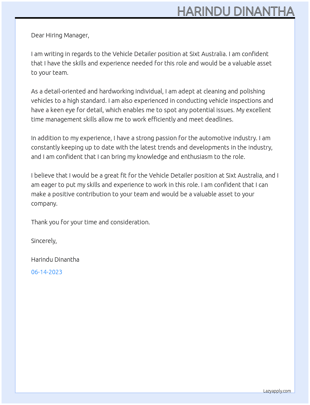 Vehicle detailer At Sixt Australia  Cover Letter