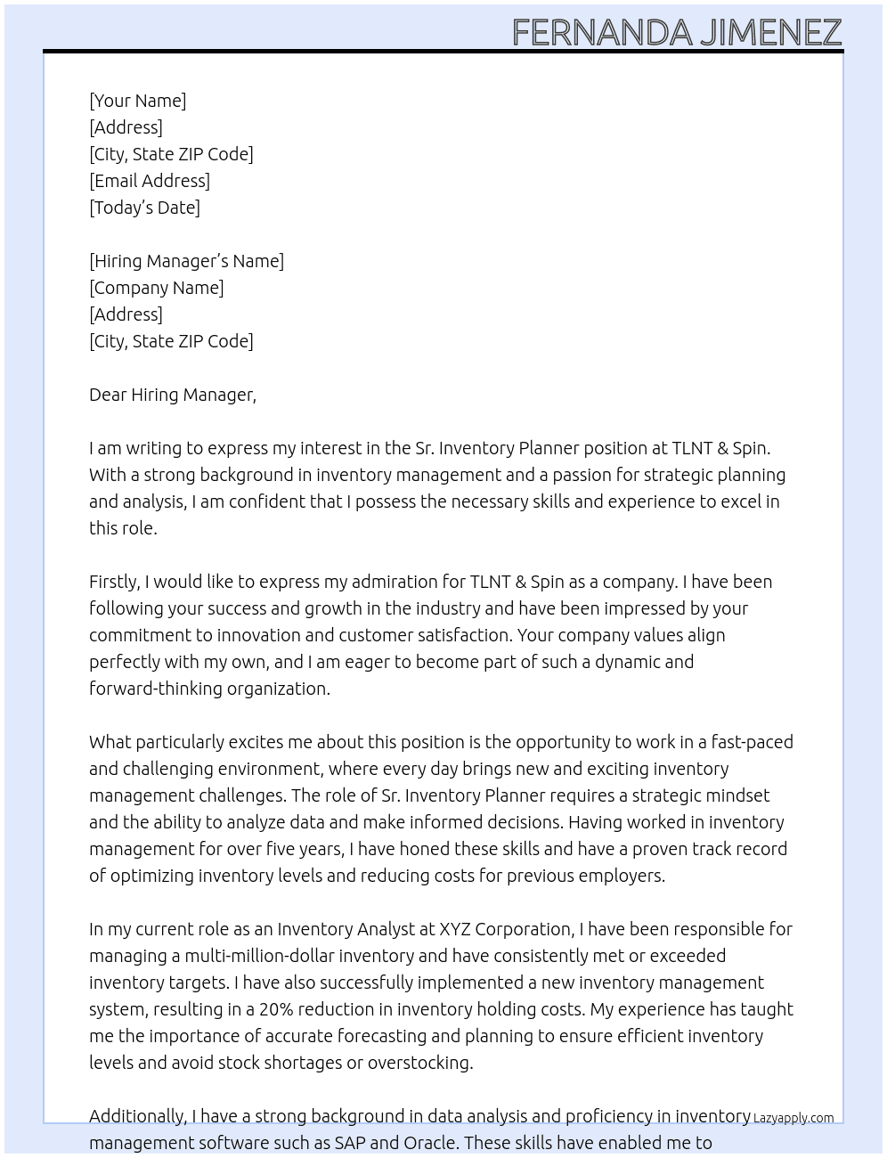Sr. Inventory Planner At TLNT & Spin Cover Letter