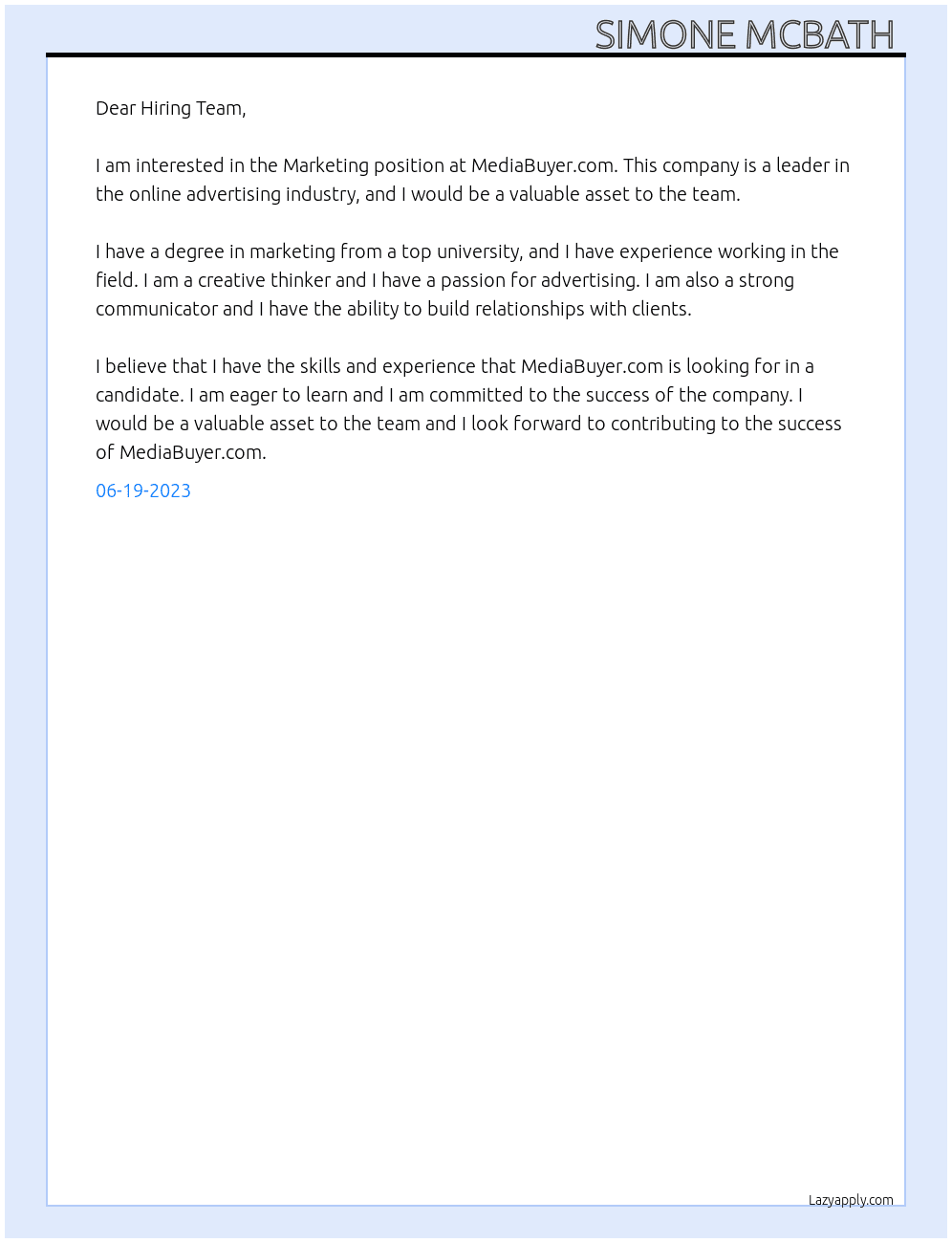 MARKETING  At Media Buyer.com Cover Letter