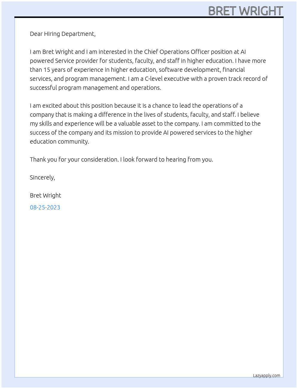 Chief operations officer  At AI powered Service provider for students, faculty, and staff in higher education. Cover Letter