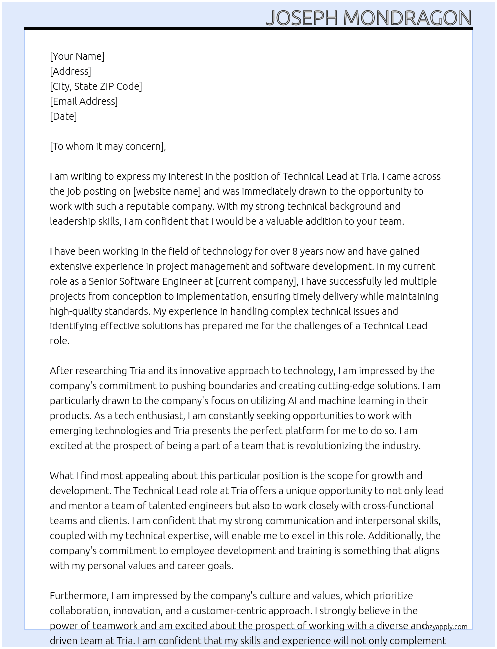 Technical Lead At Tria Cover Letter