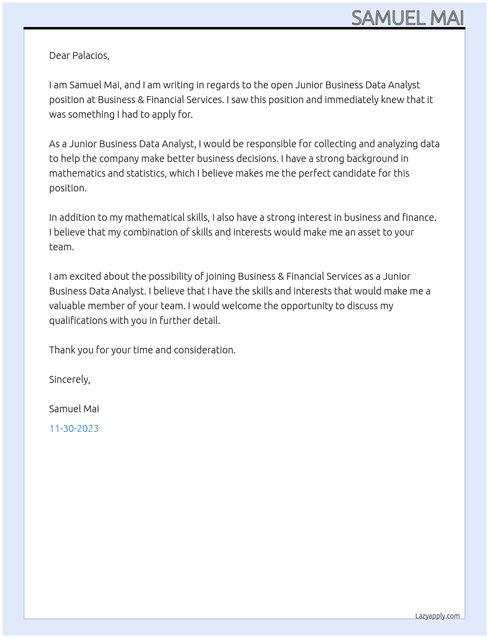 Junior Business Data Analyst At Business & Financial Services Cover Letter