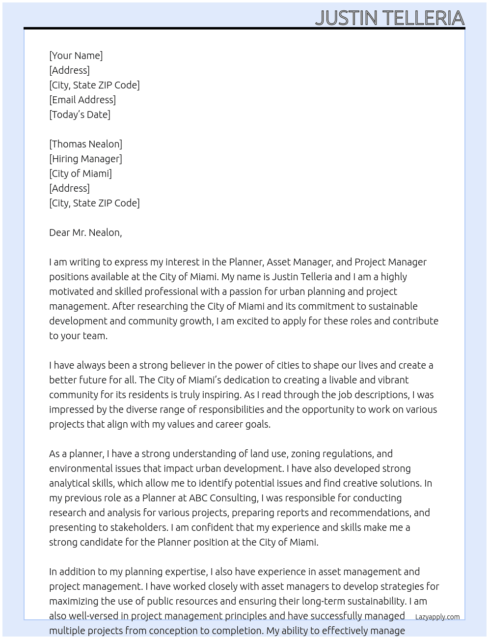 Planner, Asset Manager, Project Manager,  At City of Miami Cover Letter