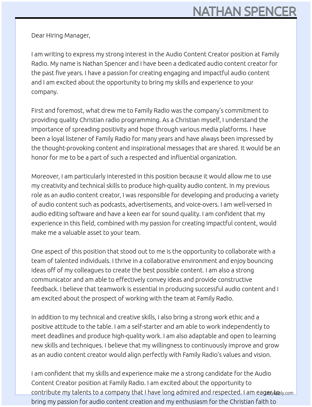 Audio Content Creator At Family Radio Cover Letter