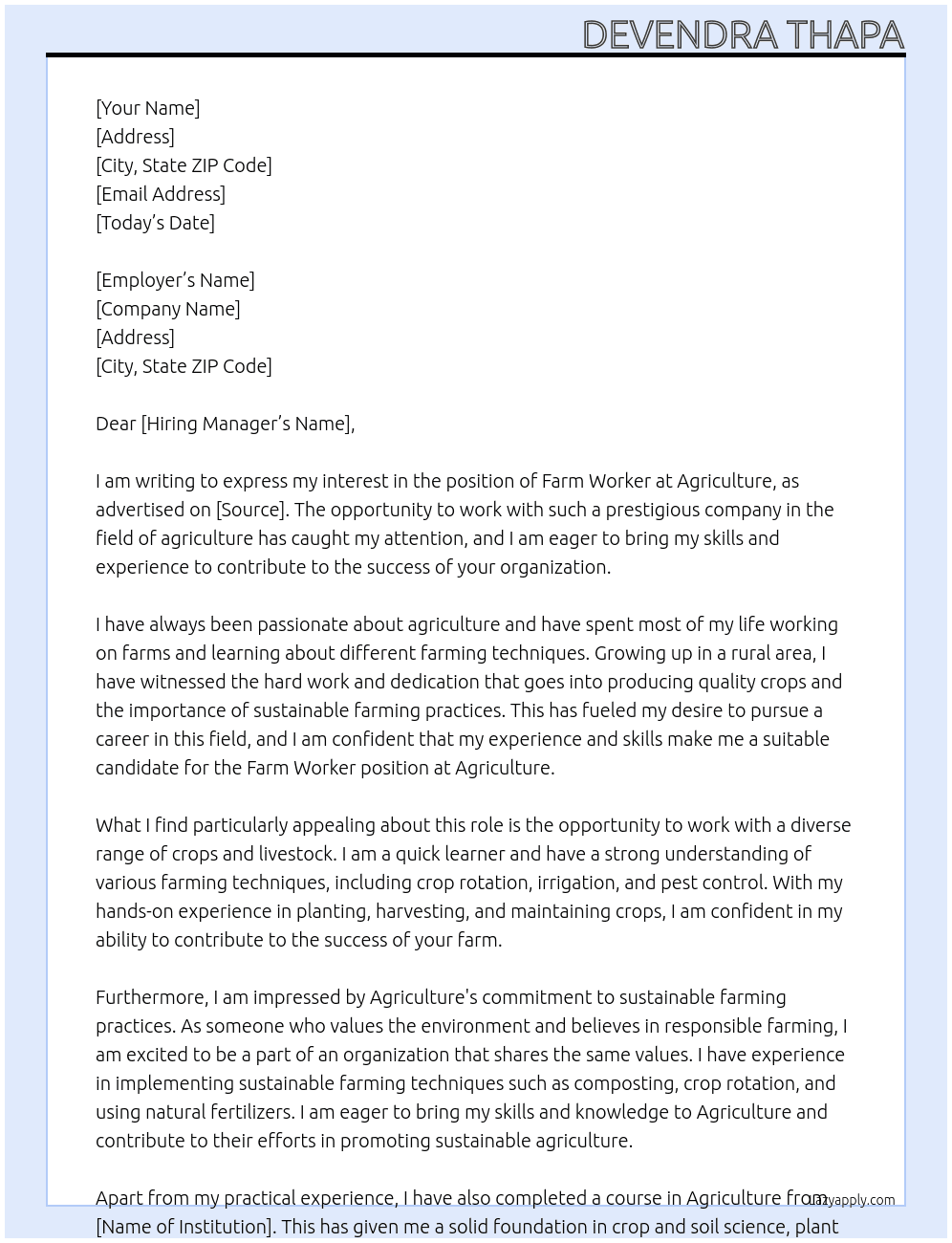 farm worker At Agriculture Cover Letter