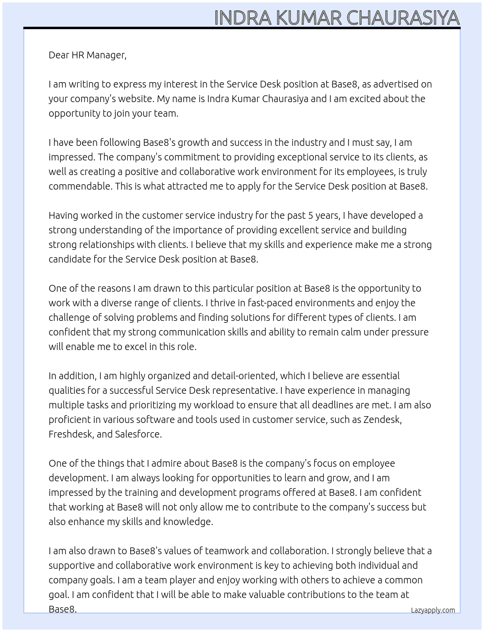 Service desk At Base8 Cover Letter