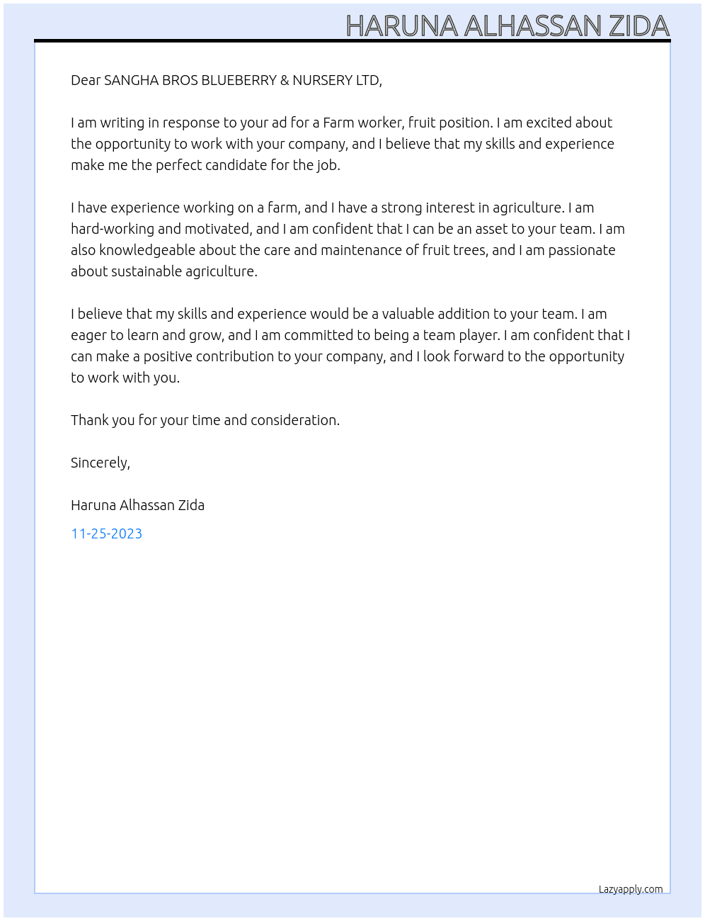 Farm worker, fruit At Job Bank #2586455 Cover Letter