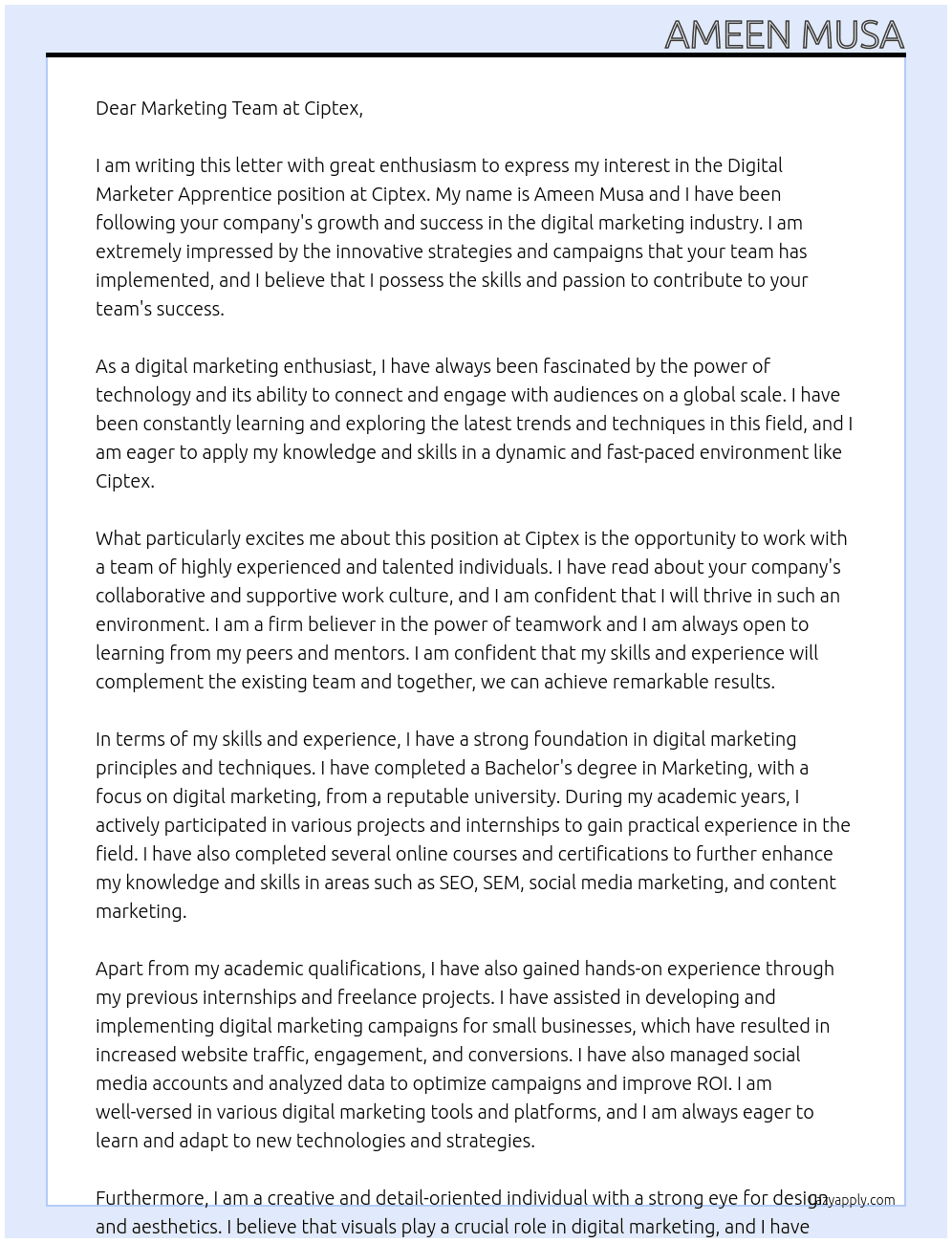 Digital Marketer Apprentice At Ciptex Cover Letter