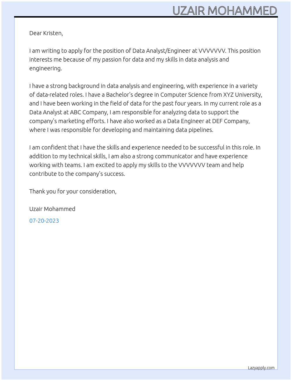 Data Analyst/Engineer  At VVVVVVV Cover Letter
