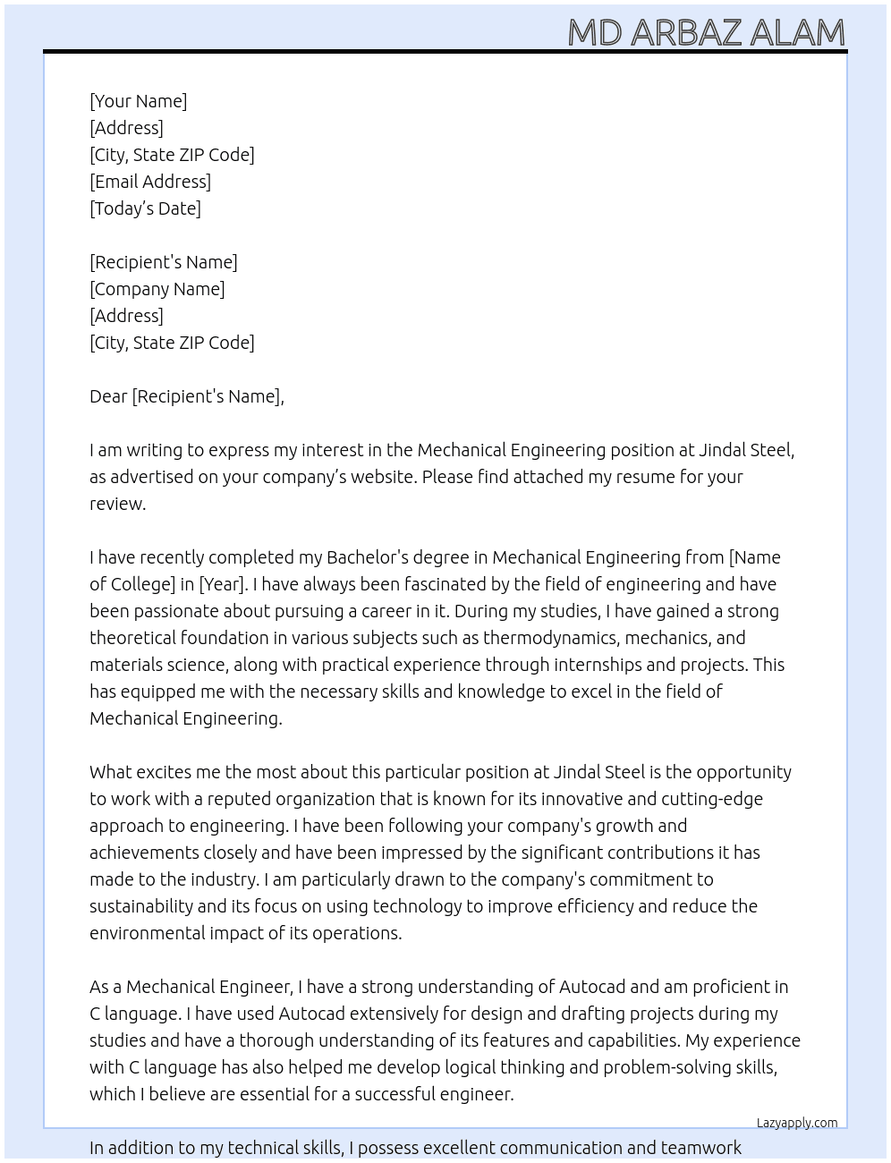 Mechnical Engineering At Jindal Steel Cover Letter