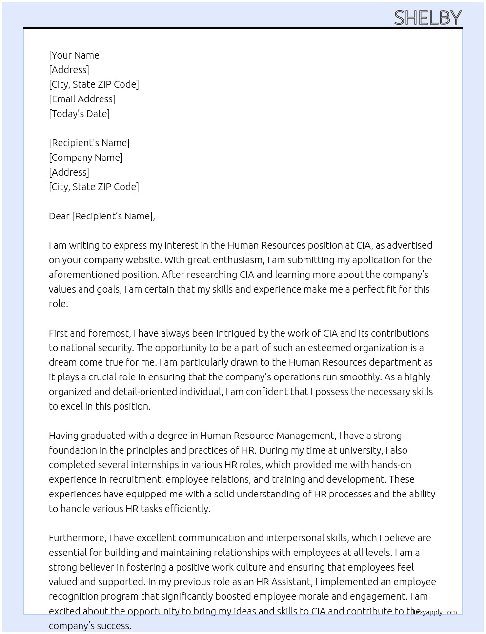 human resources At CIA Cover Letter
