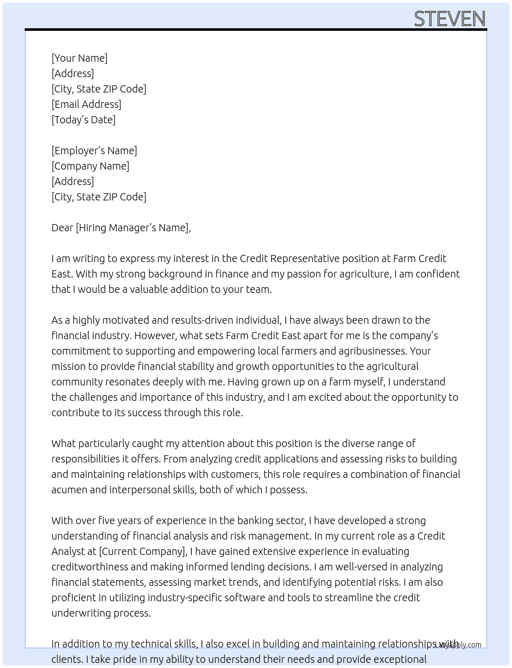 Credit Representative At Farm Credit East Cover Letter