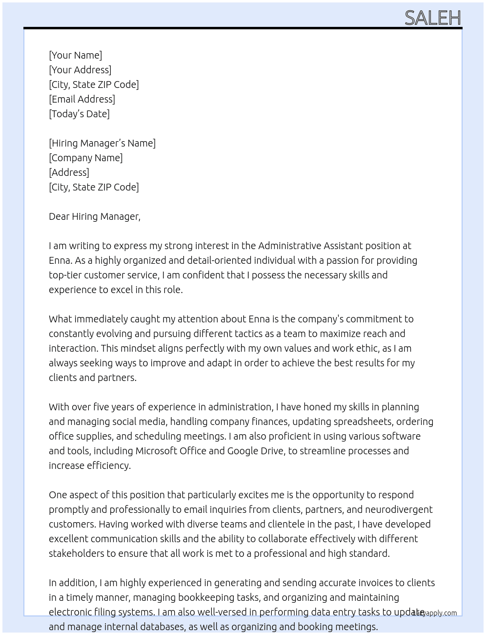 Administrative assistant  At Enna  Cover Letter