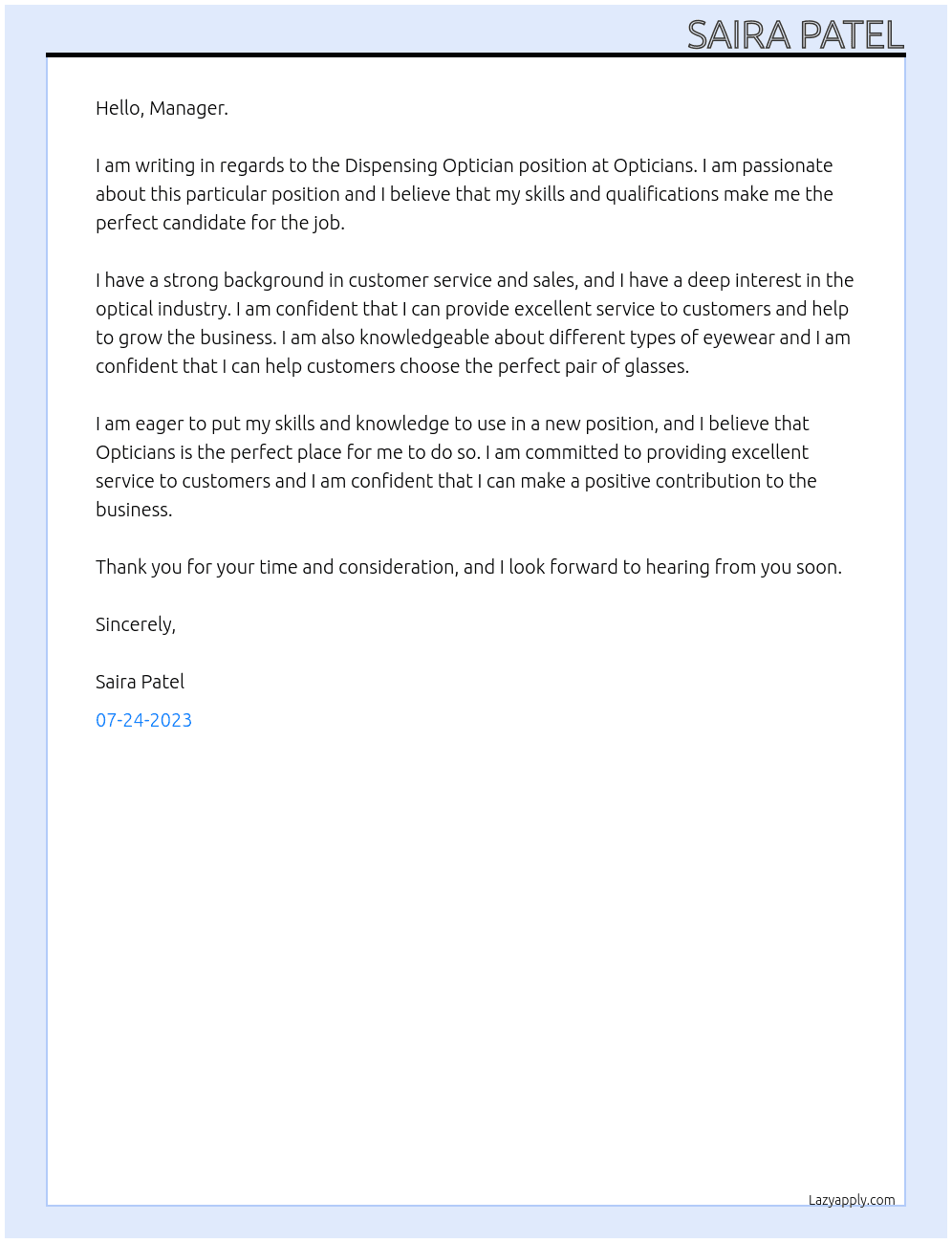 Dispensing Optician  At Opticians Cover Letter