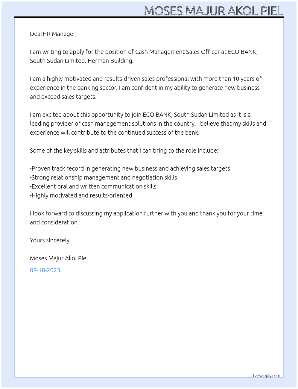 Cash Management Sales Officer  At ECO BANK, South Sudan Limited, Herman Building  Cover Letter
