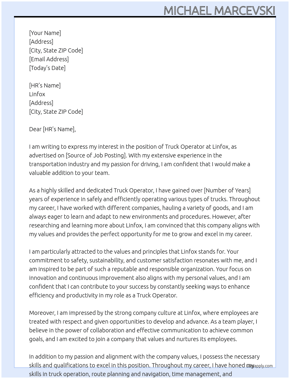 Truck operator  At Linfox  Cover Letter