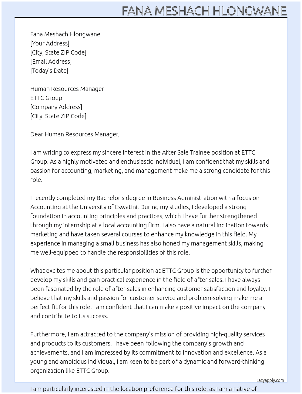 After sale trainee At ETTC group Cover Letter