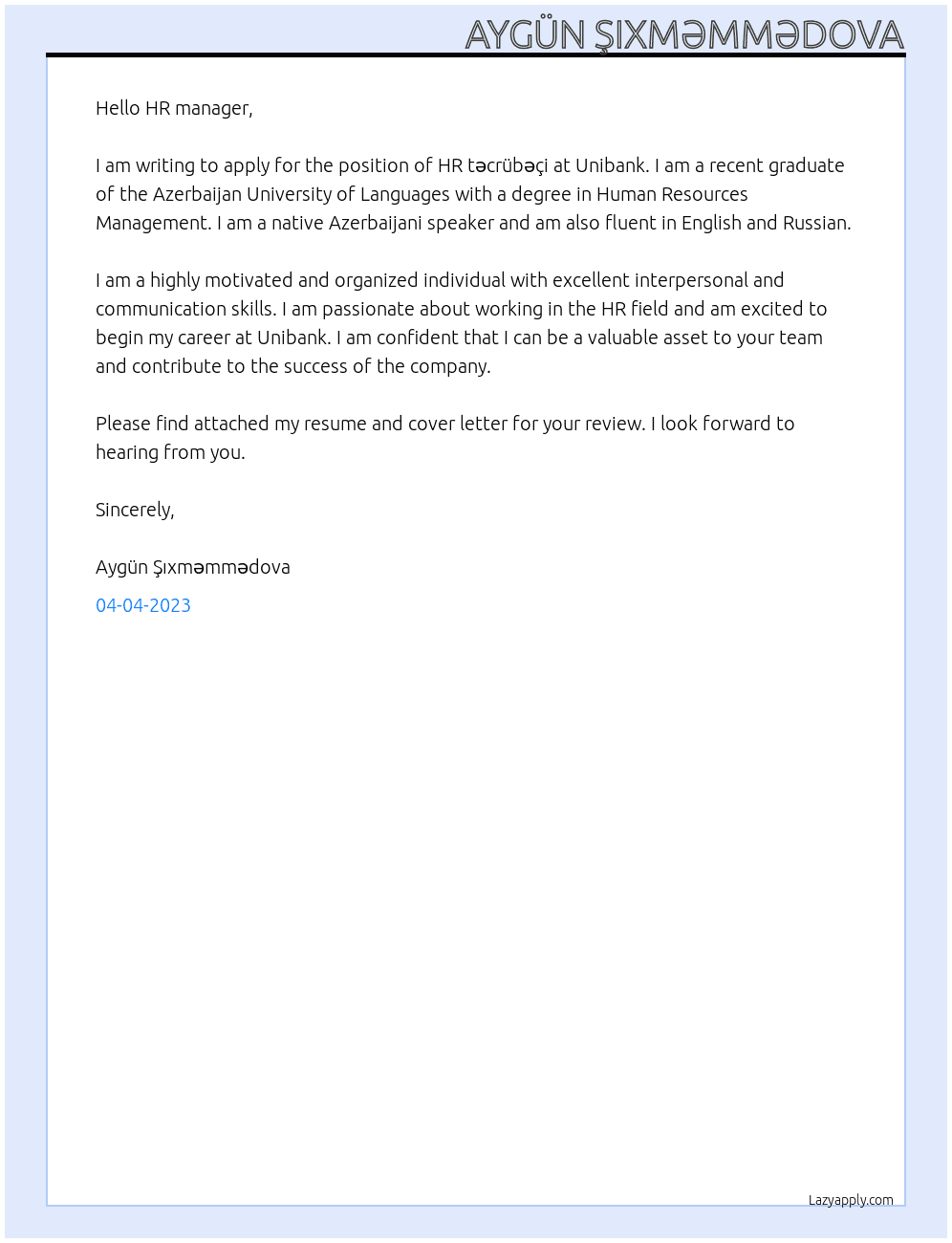 HR təcrübəçi At Unibank  Cover Letter