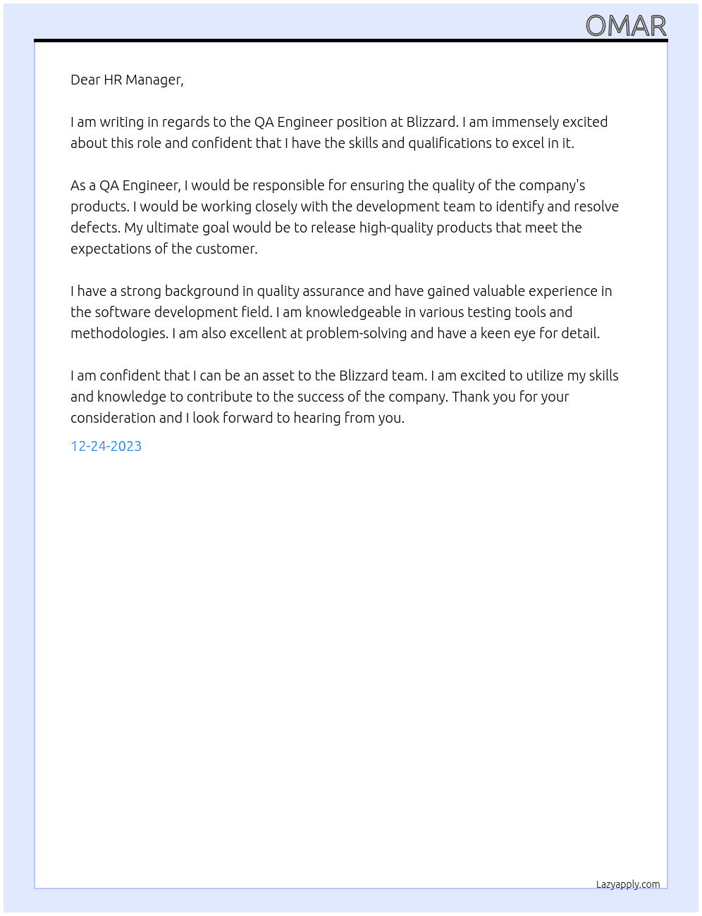 QA Engineer At Blizzard Cover Letter