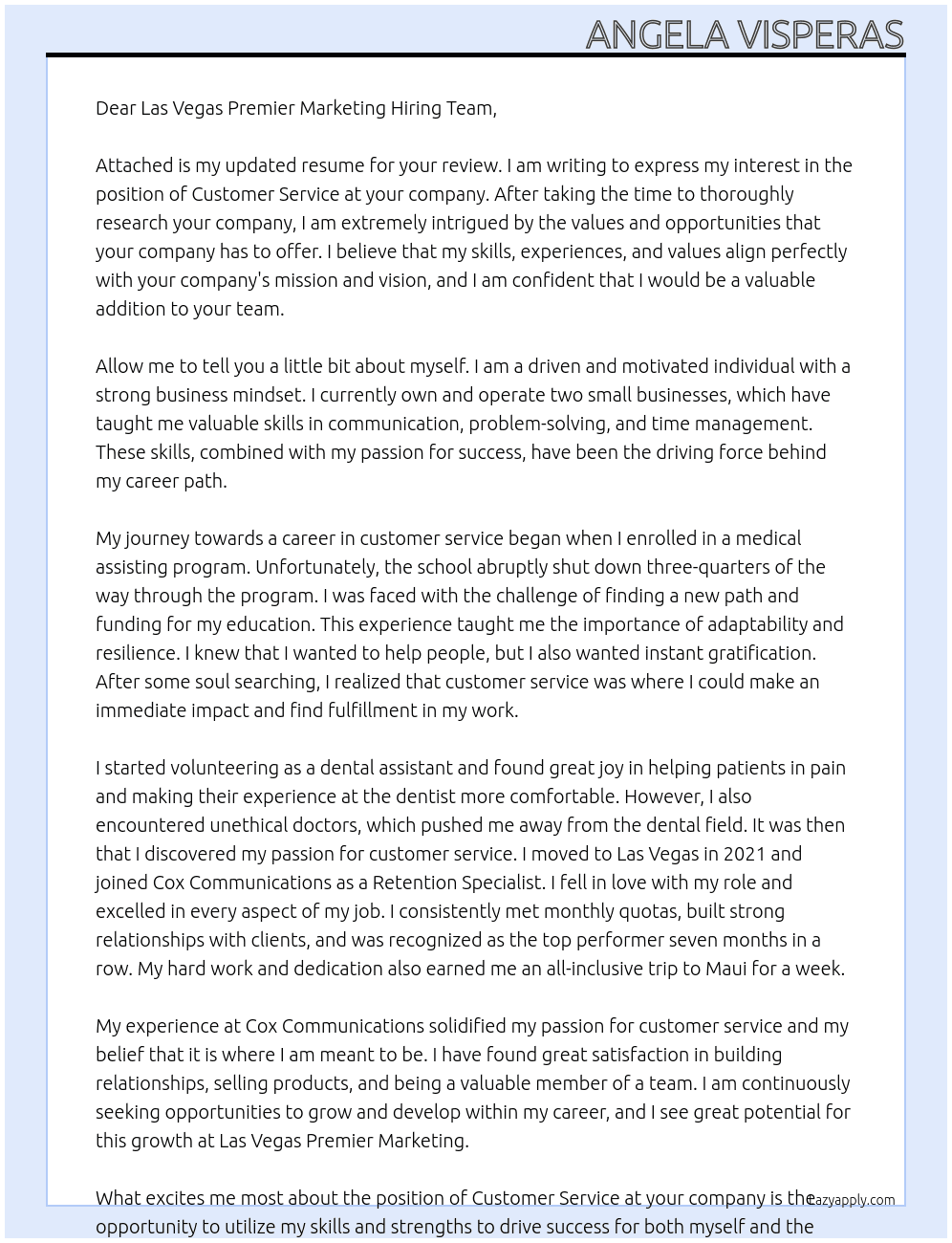 Customer Service  At Las Vegas premier marketing Cover Letter