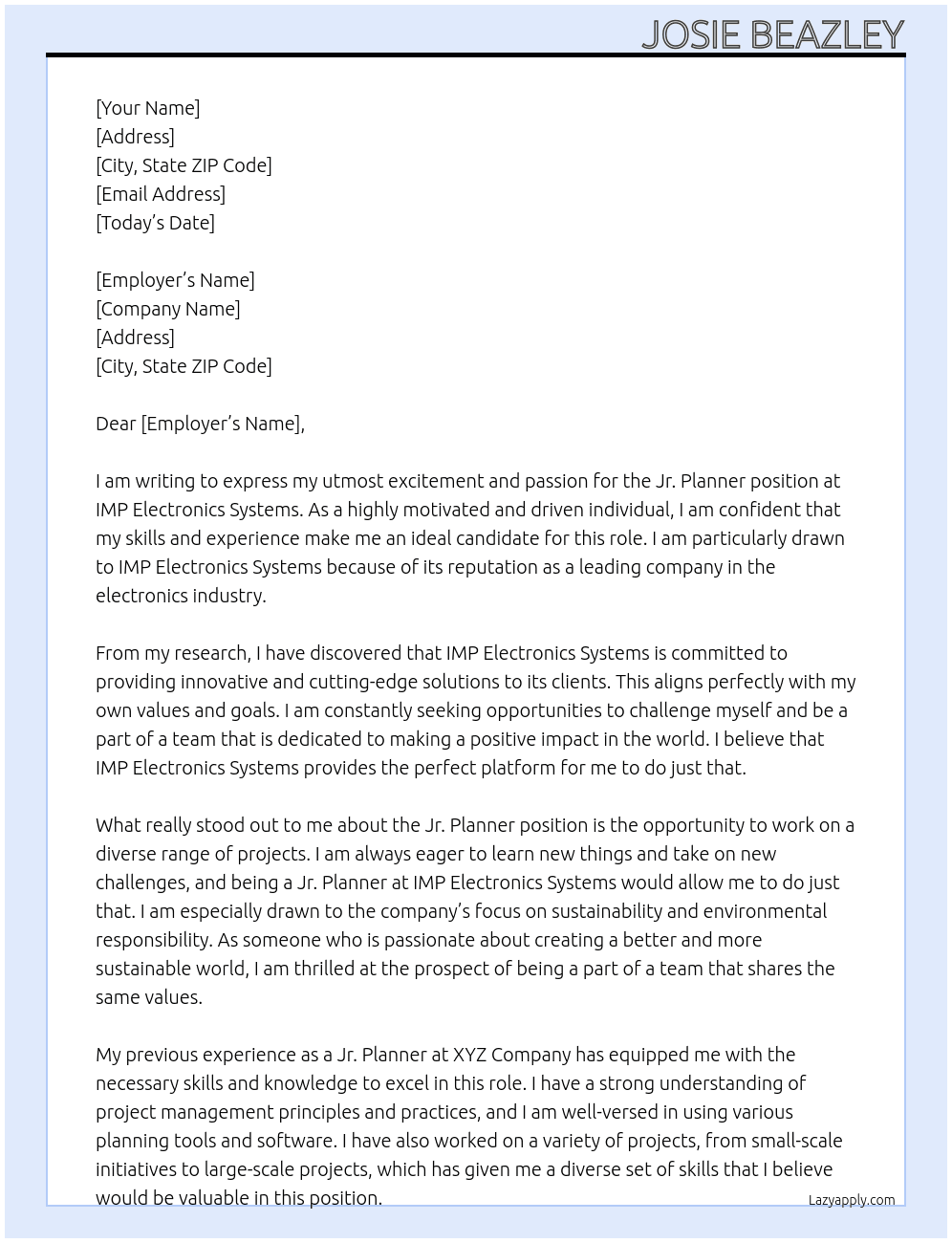 Jr. Planner At IMP Electronics SystemsTo whine  Cover Letter