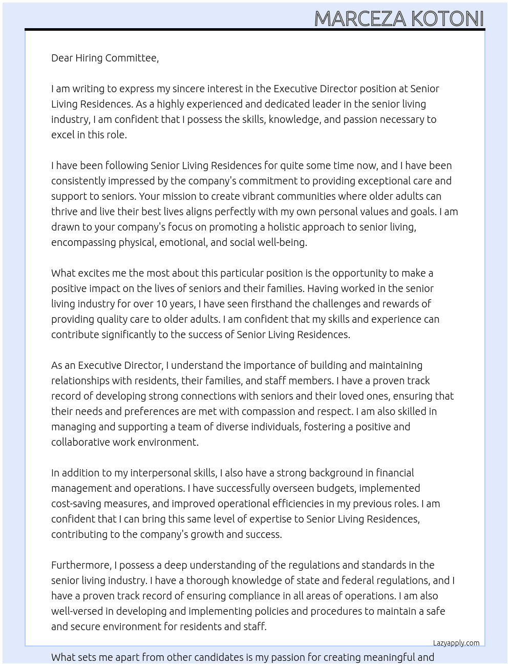 Executive Director At Senior Living Residences Cover Letter