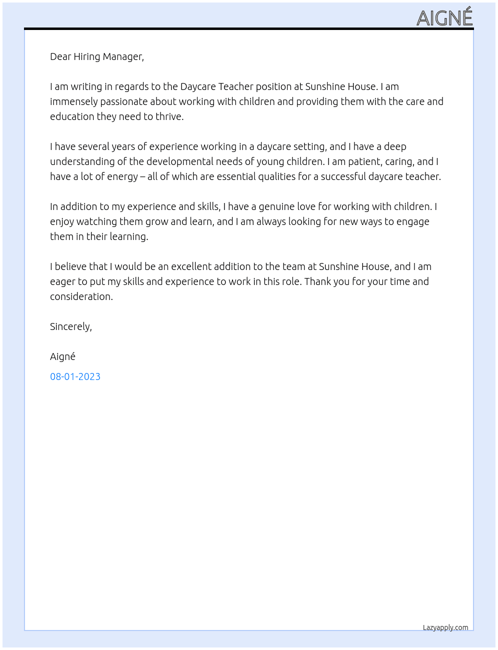 Daycare Teacher At Sunshine House Cover Letter