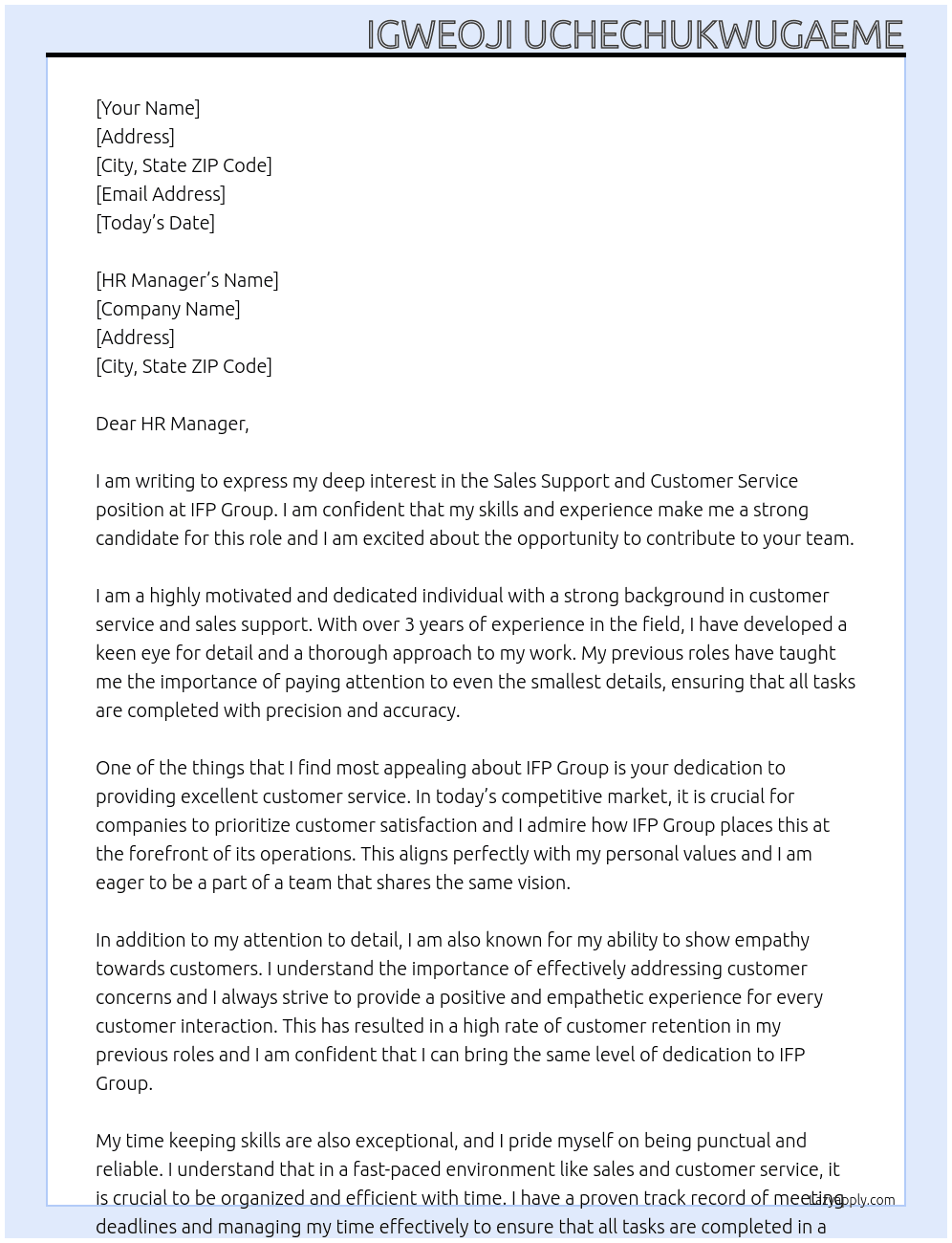 Sales Support and Customer Service At IFP Group Cover Letter