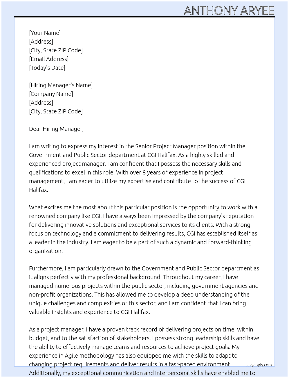 Sr Project Manager- Government and Public Sector At CGI Halifax Cover Letter