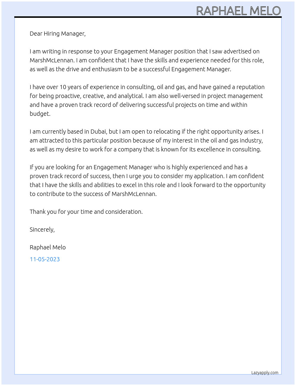 Engagement Manager At MarshMcLennan Cover Letter