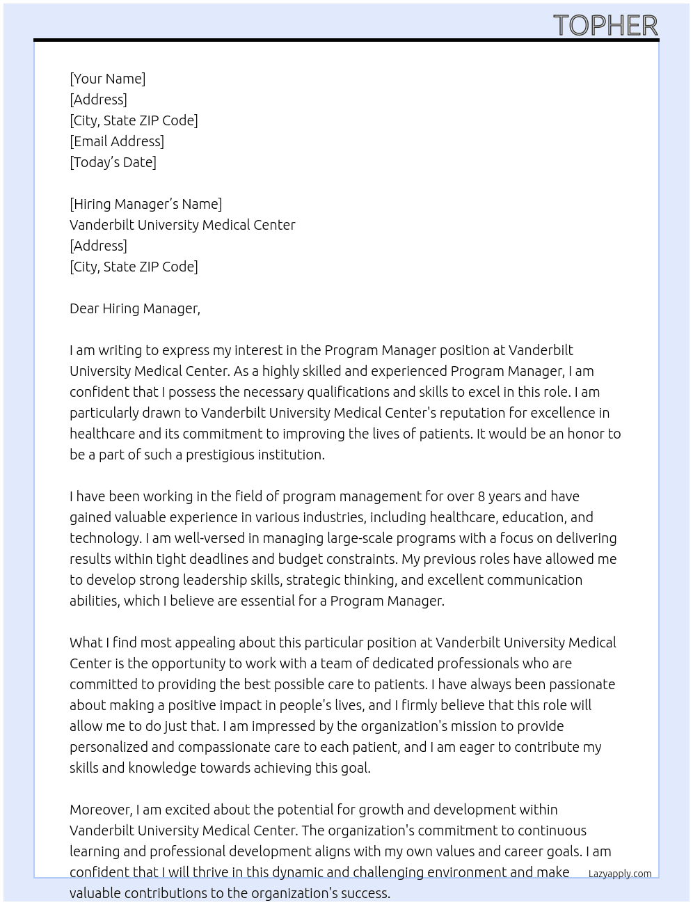 program manager At Vanderbilt University Medical Center Cover Letter