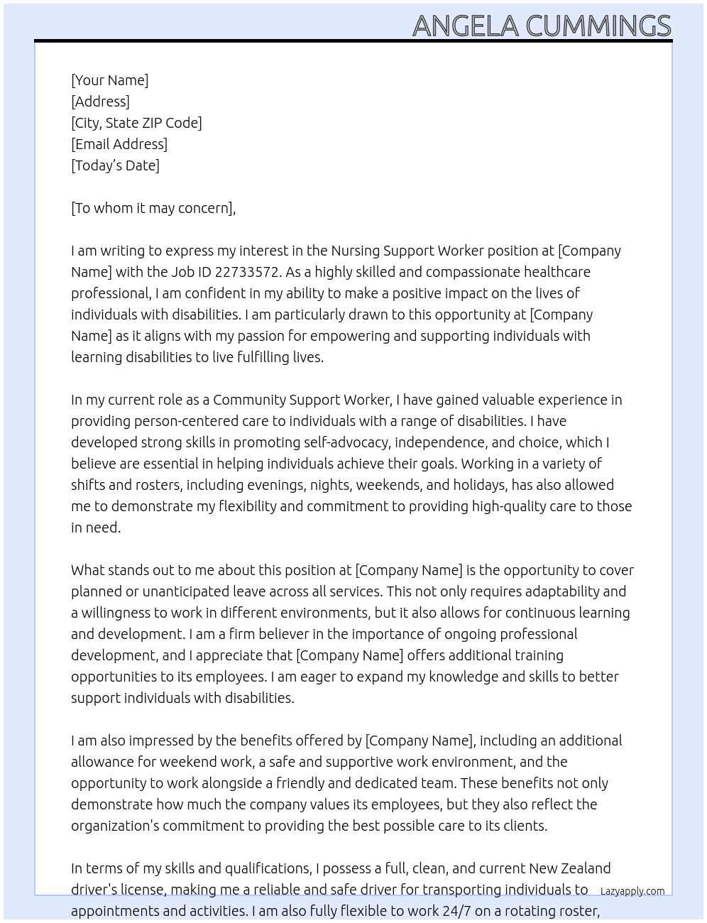 Nursing Support Worker Job ID 22733572 At xxxxxxxxxx Cover Letter