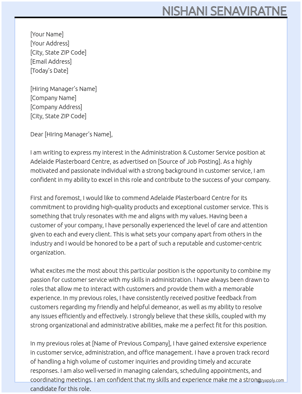 Administration & Customer Service At Adelaide Plasterboard Centre Cover Letter