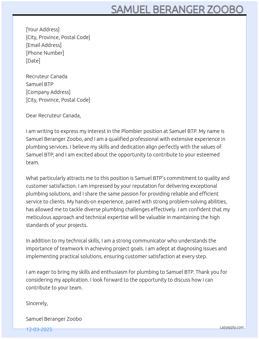 Cover letter for plombier - LazyApply