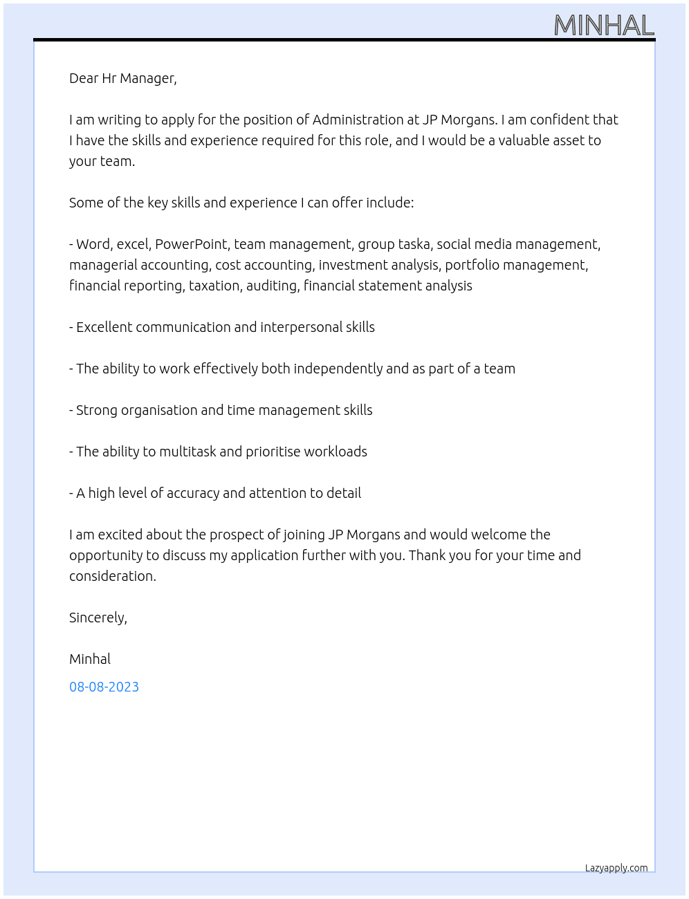 Administration  At JP Morgans Cover Letter