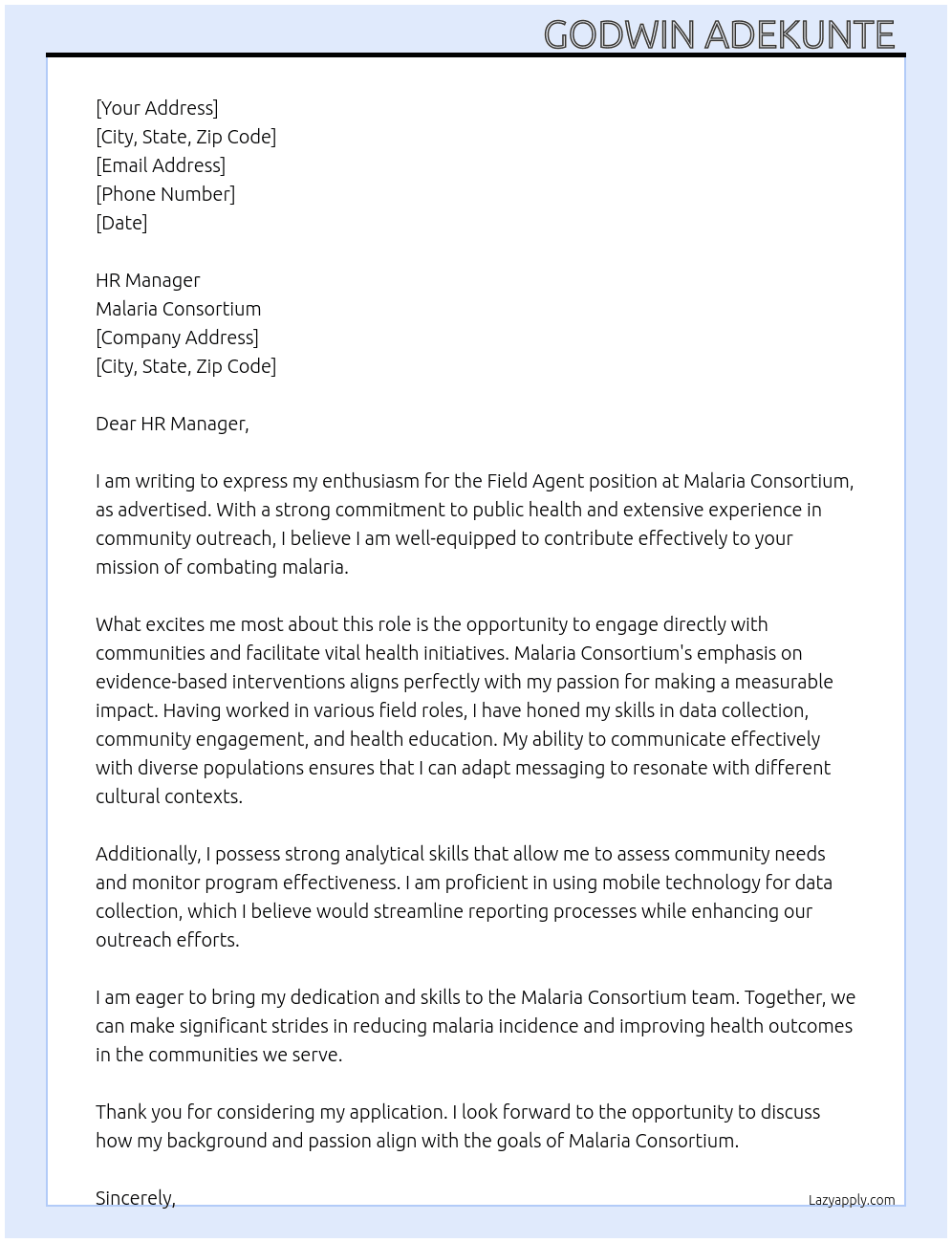Cover letter for field agent - LazyApply