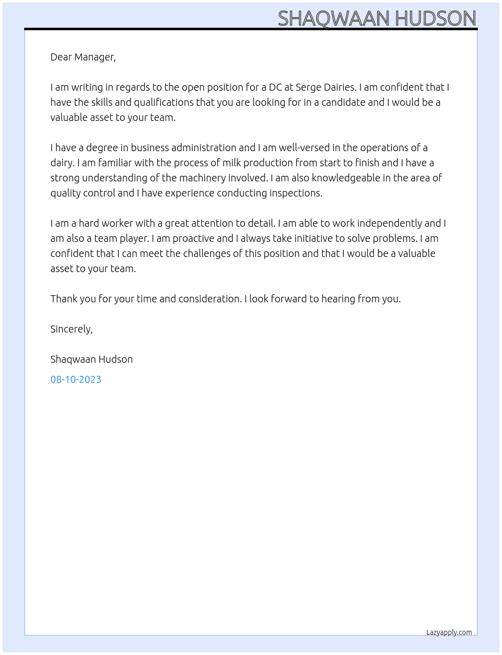 DC At Serge Dairies  Cover Letter