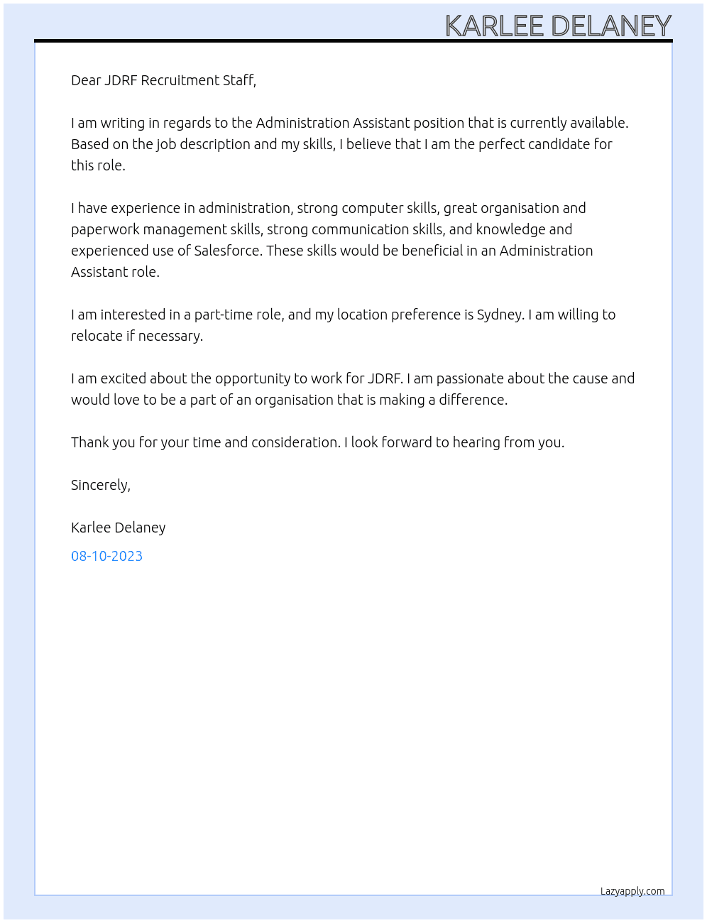 Administration Assistant At JDRF Cover Letter