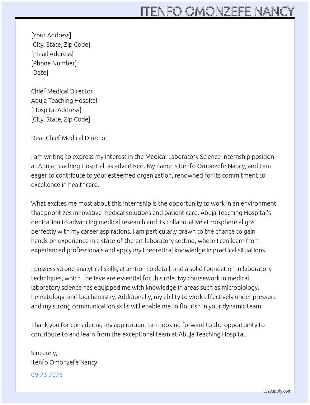 Cover letter for medical laboratory science internship - LazyApply