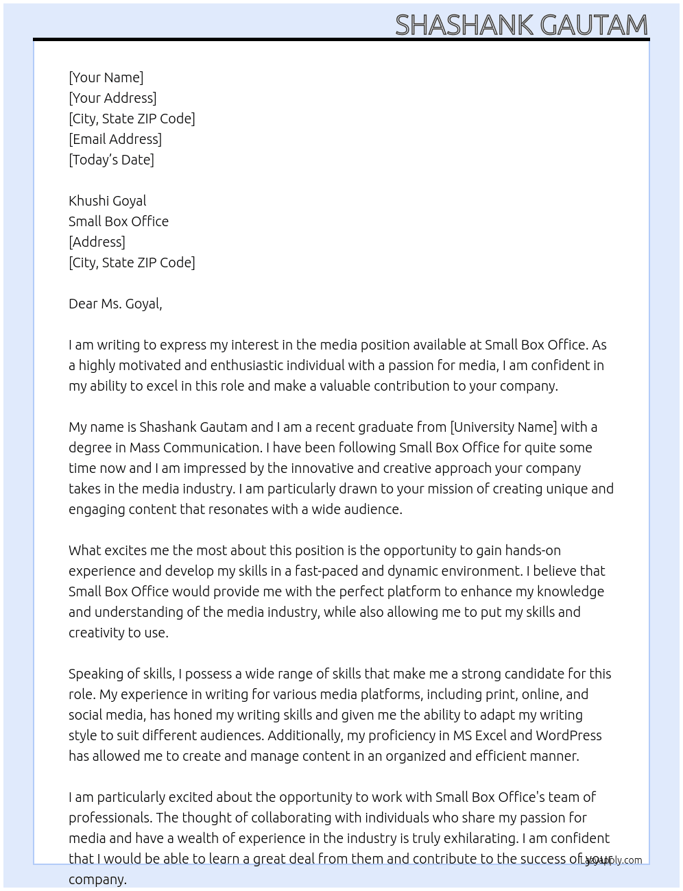  media At Small box office Cover Letter