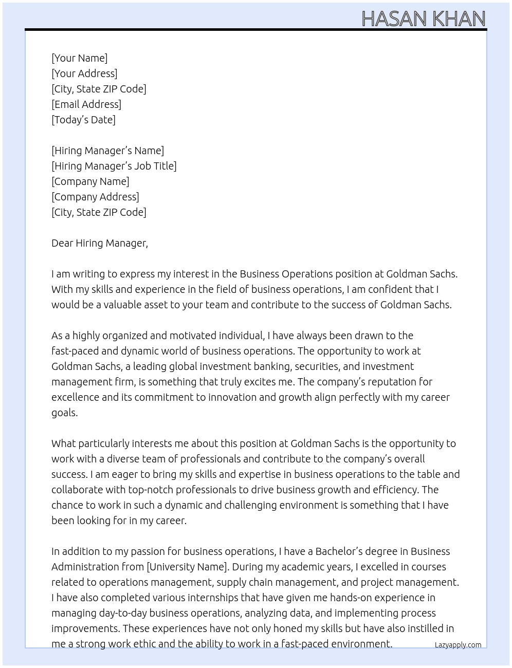 Business Operations At Goldman Sachs Cover Letter