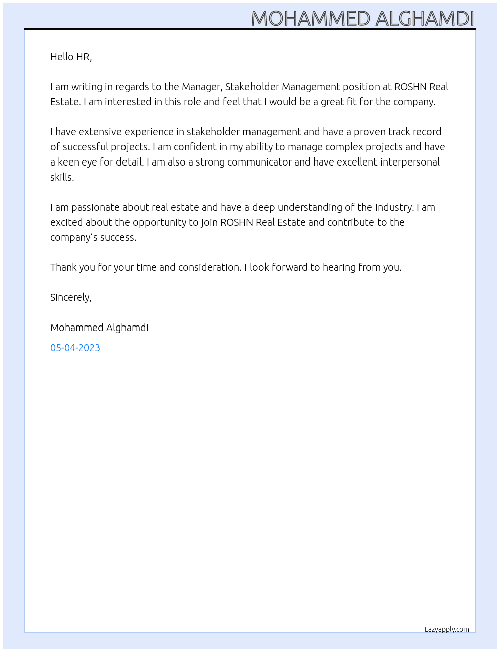 Manager, Stakeholder Management At ROSHN Real Estate Cover Letter