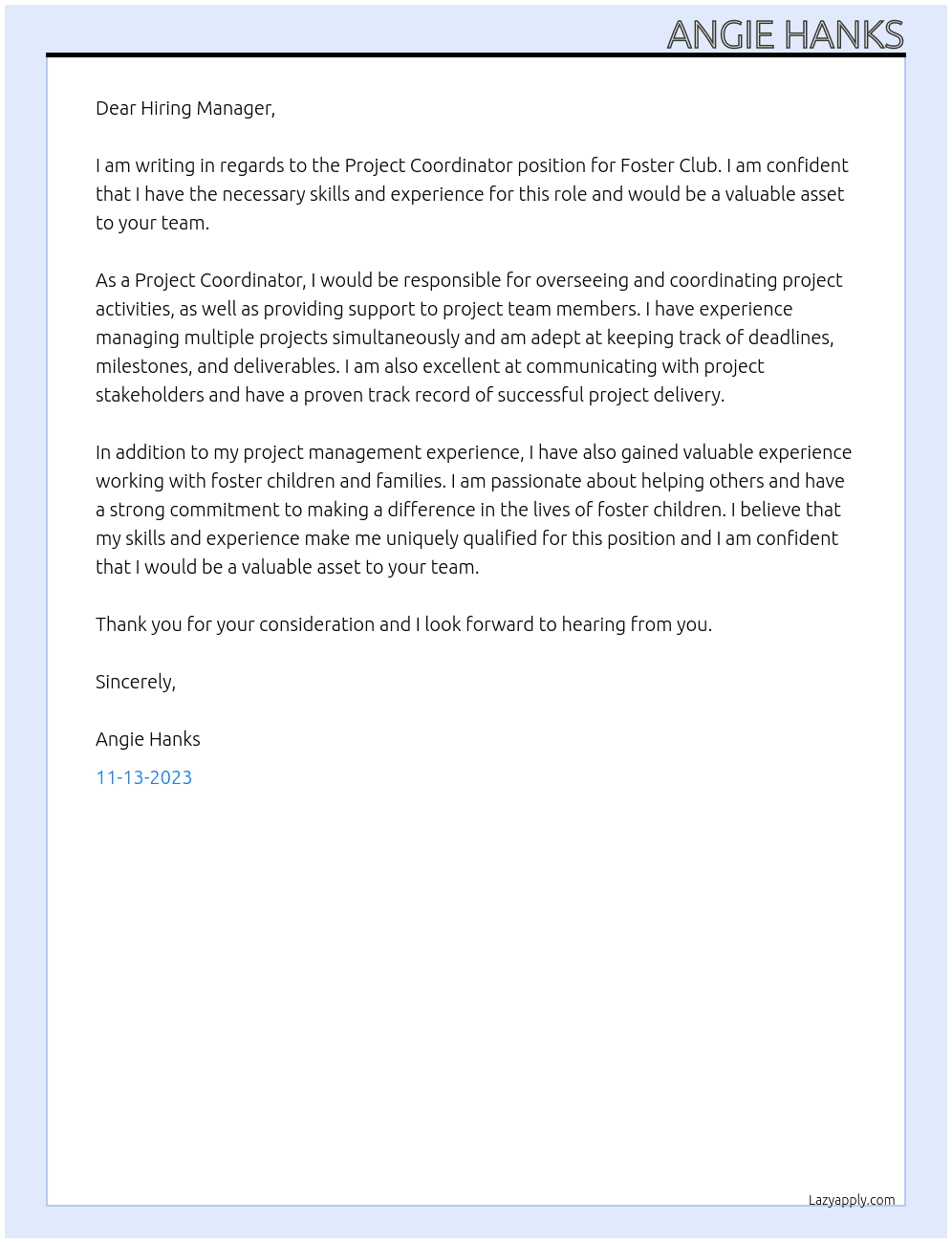 Project Coordinator for Foster Club At Foster Club Cover Letter