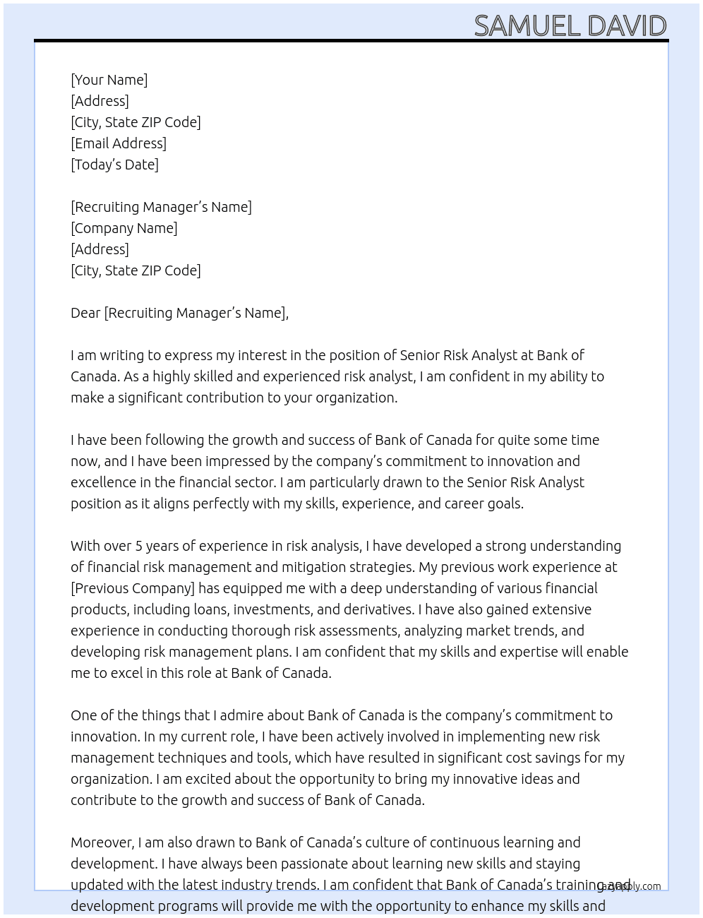 Senior risk analyst At Bank of Canada Cover Letter